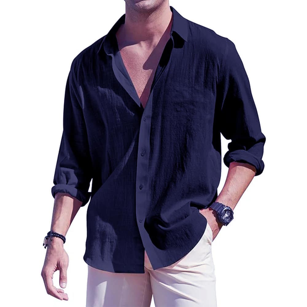 b3376d40-377d-4b01-a4cf-978108552565.jpg Men's Linen Cardigan Single Row Lapel Long Sleeve Shirt - Image 4
