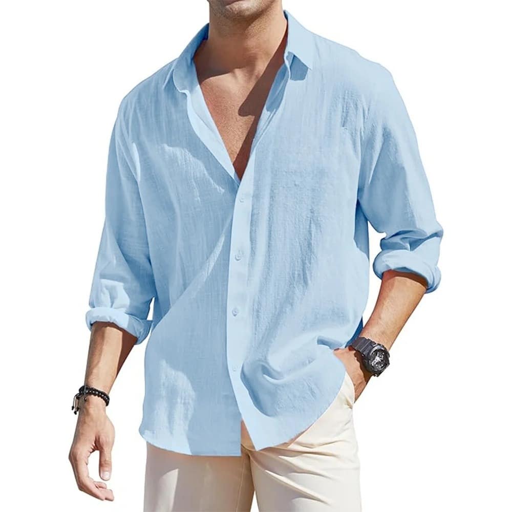 ba0bdea3-0dd2-4c43-b5d5-9a3dd826d59c.jpg Men's Linen Cardigan Single Row Lapel Long Sleeve Shirt - Image 8