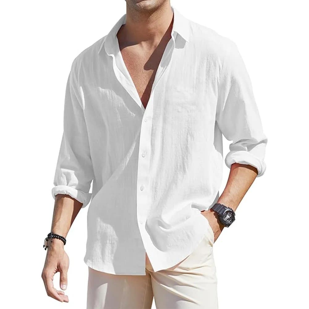 c104f081-02fc-4cf6-9957-fa3d577eb9ab.jpg Men's Linen Cardigan Single Row Lapel Long Sleeve Shirt - Image 5