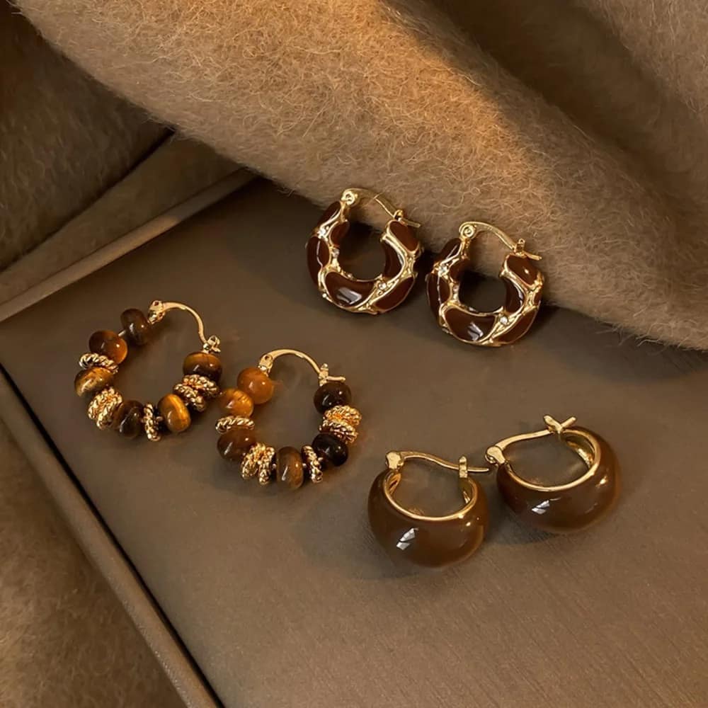 Temperament Vintage Brown Enamel Zircon Hoop Earrings Exquisite Stainless Steel