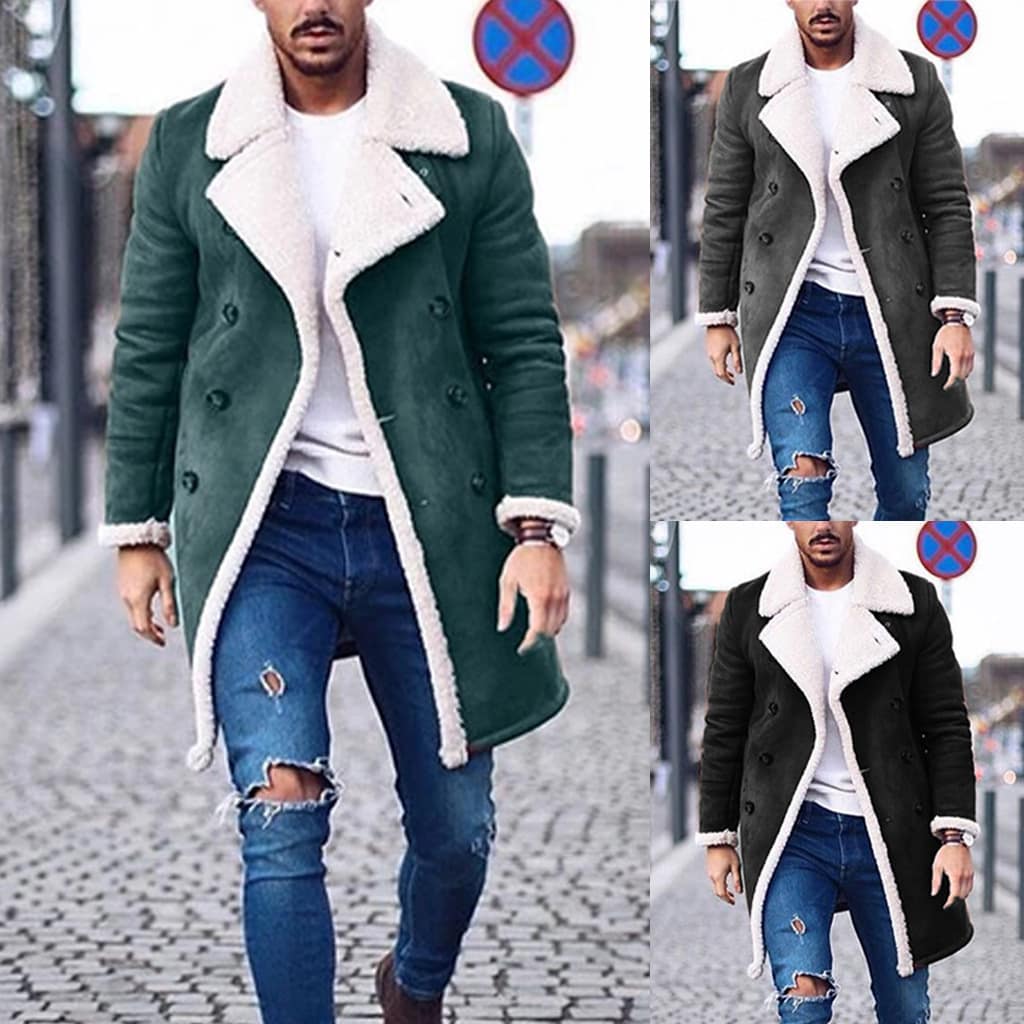 Men's Warm Coat Solid Color Long Sleeve Trench Jackets.