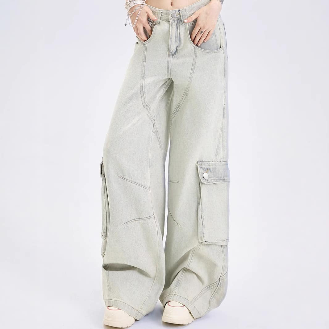 Straight-Leg Multi-Pocket Style Loose Wide-Leg Denim Jeans