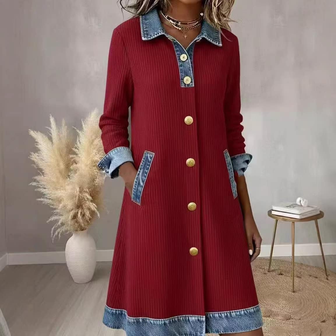 1fbbaaf3-c41b-4bb3-8787-d59c89b44694.jpg Womens Buttoned Long-Sleeve Corduroy Patchwork Denim Dress - Image 5