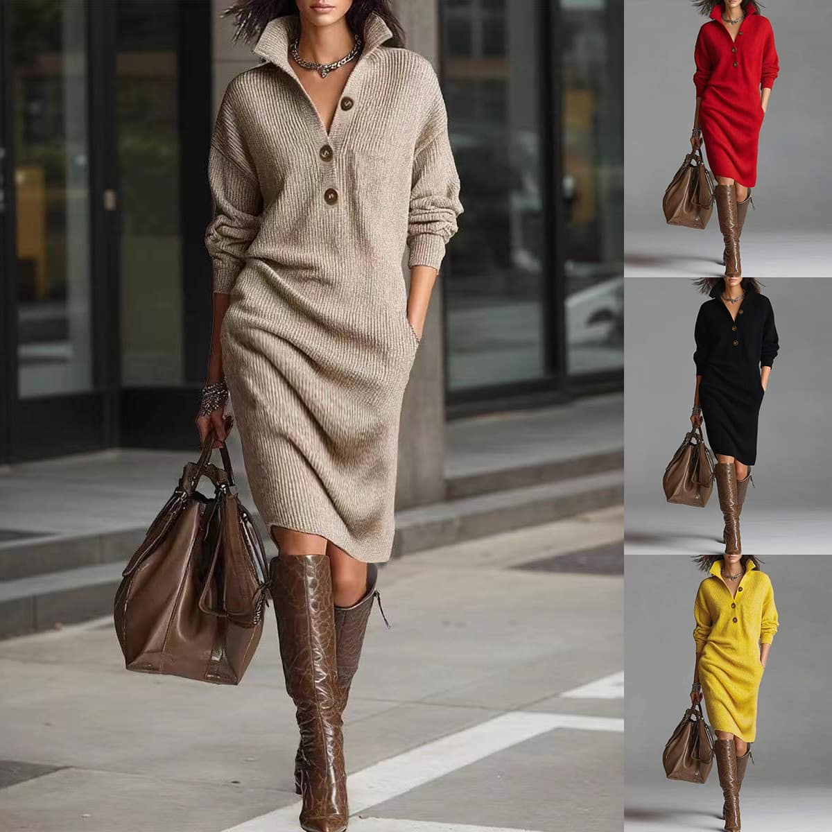 Long-sleeved Sweater Dress Warm Stand-up Collar V-neck Button.