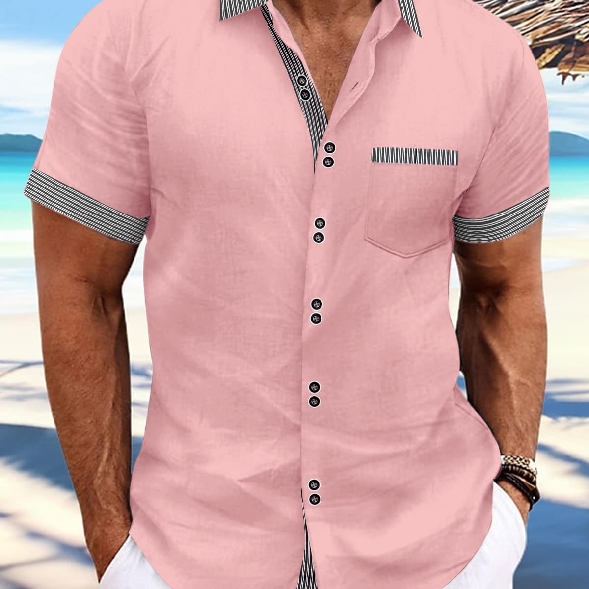 d4f655b5-5465-4e6d-bf61-697ecfeeac42.jpg Striped Double Button Short Sleeve Casual Shirt - Image 4