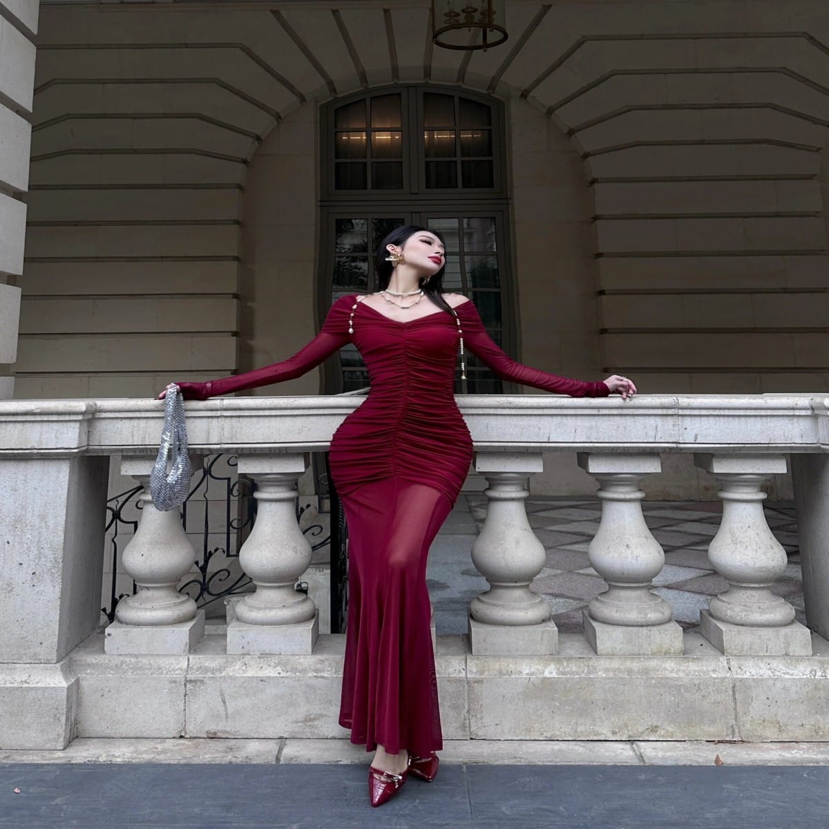 d8164ed1-cc04-4ad7-bda5-b92c79a452ae.jpg Wine Red Off-shoulder V-neck Dress Party Dress - Image 4