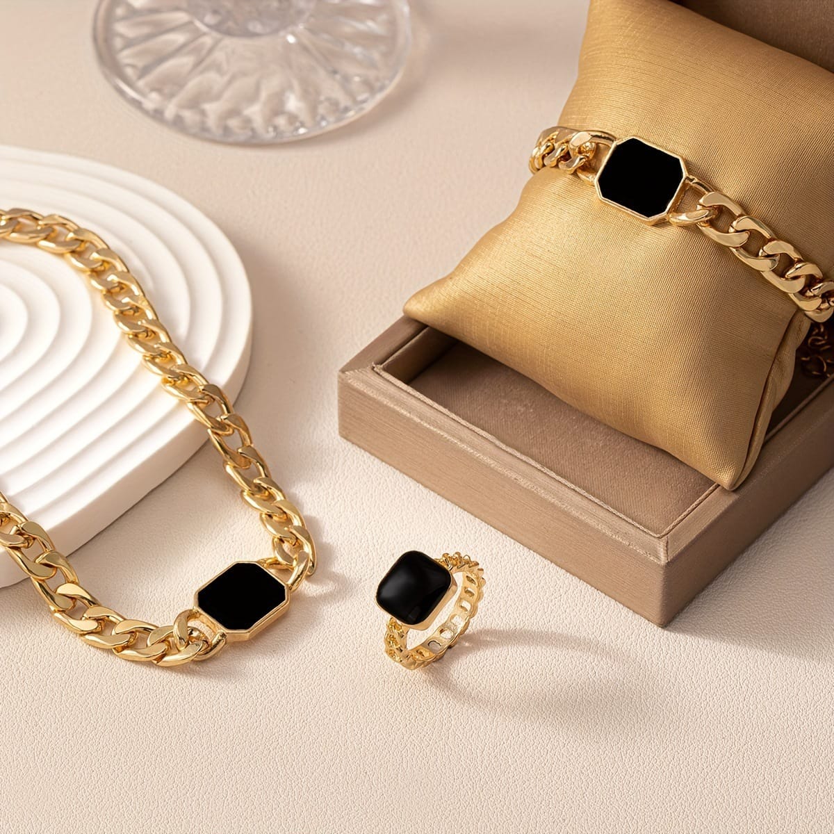 1fc2ff39-53dc-4a04-b71a-f6d84e662eeb.jpg Geometric Square Chain Necklace Bracelet Ring Jewelry Set - Image 2