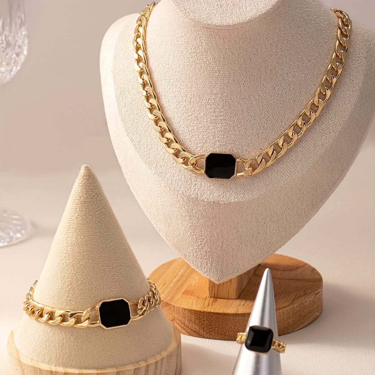 45d3ed6a-5459-4299-bdf0-4fa5a14767f4.jpg Geometric Square Chain Necklace Bracelet Ring Jewelry Set - Image 3