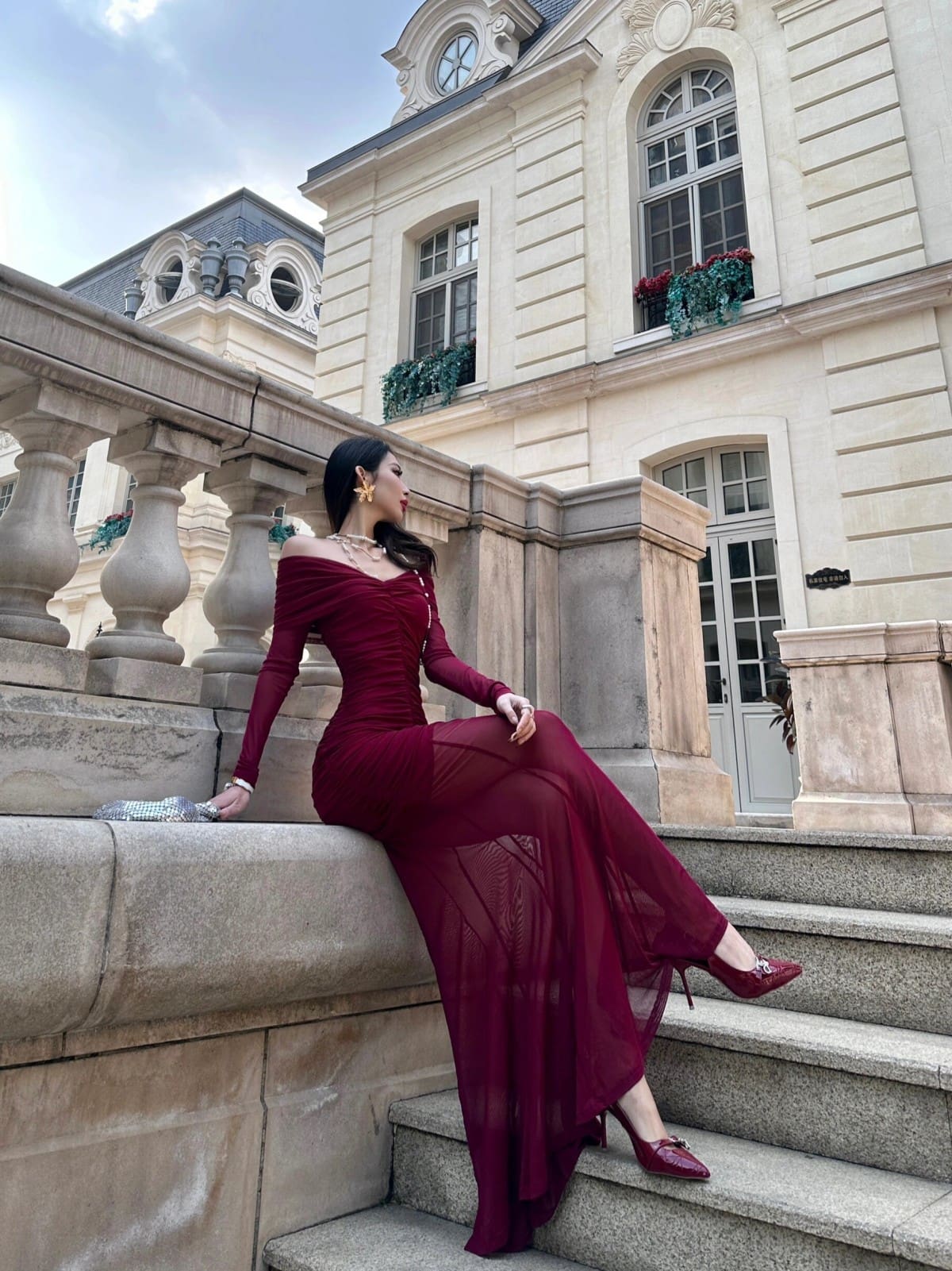 4e88d65d-7342-488c-870c-81f7f06c625b.jpg Wine Red Off-shoulder V-neck Dress Party Dress - Image 7