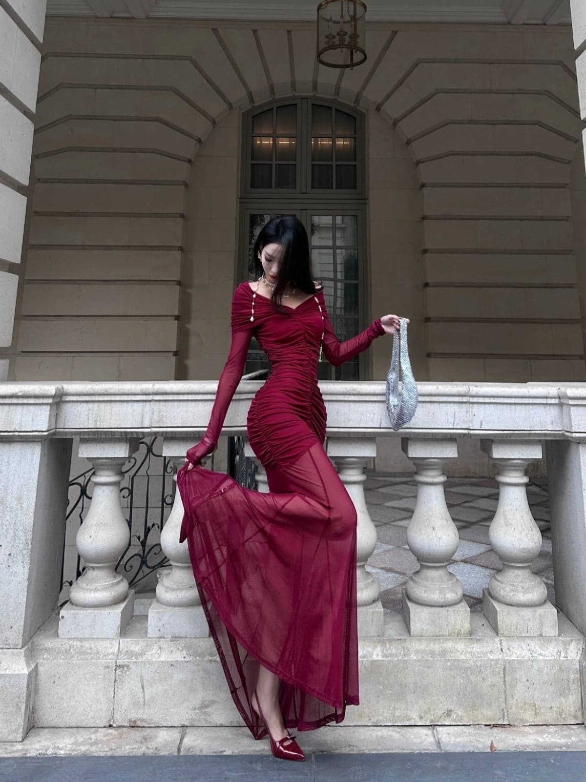 a22c8d19-084a-421c-a69e-5d90cc278a56.jpg Wine Red Off-shoulder V-neck Dress Party Dress - Image 2