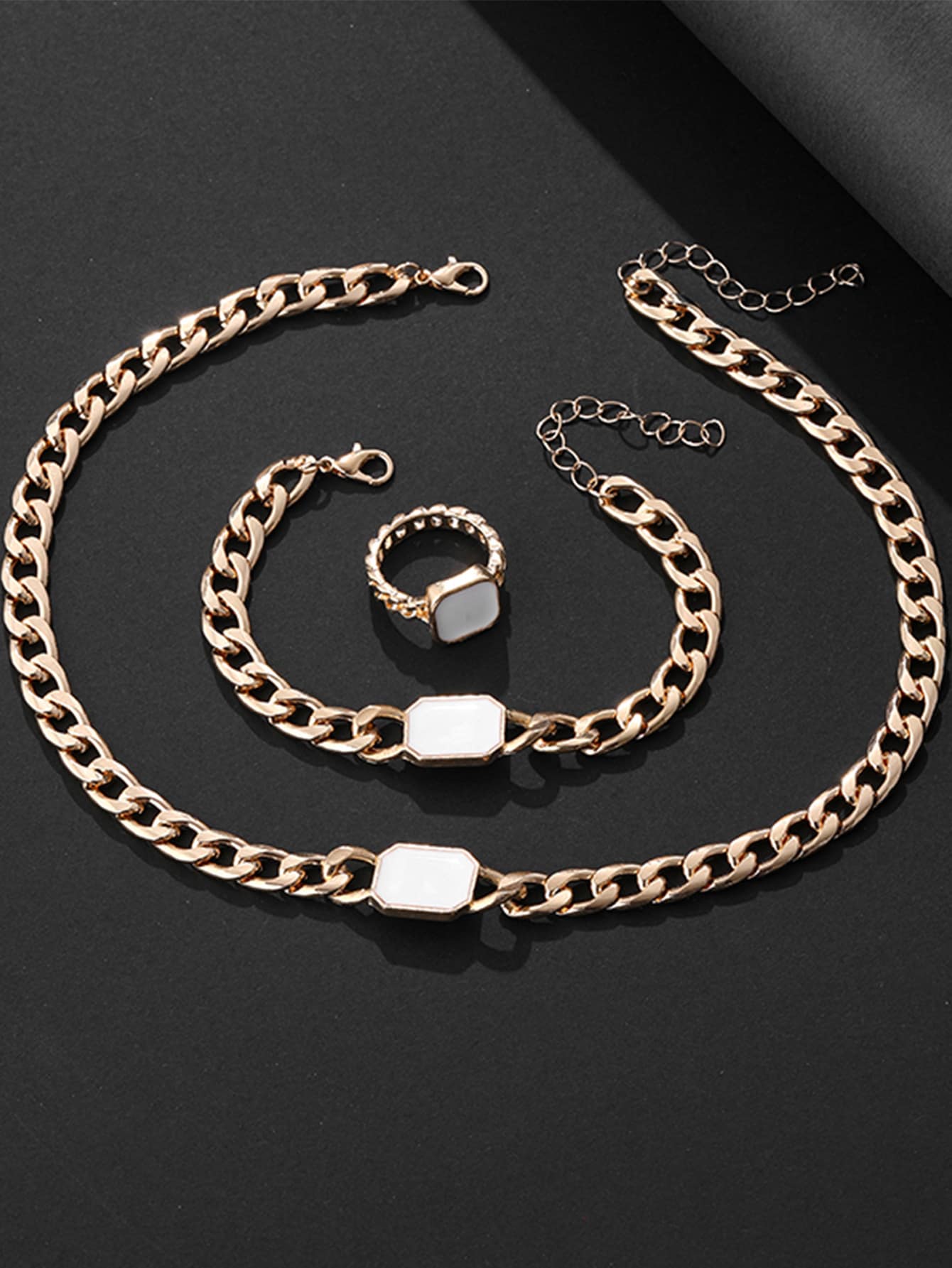 e40596ef-32db-4620-96b5-a61d326b0777.jpg Geometric Square Chain Necklace Bracelet Ring Jewelry Set - Image 7