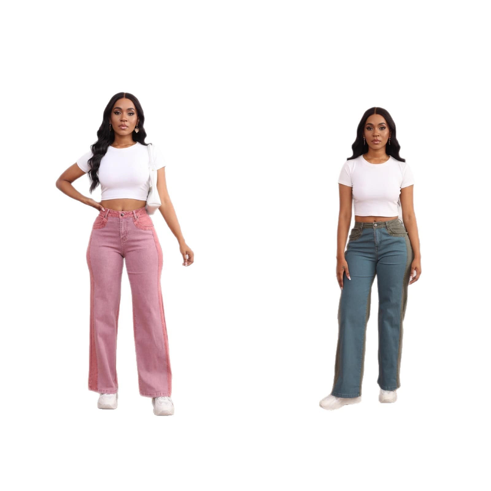 79d53fb2-17f1-4298-a252-89d387f3f8a4.jpg Womens Slim-Fit Wide-Leg Stretch Denim Pants With Panel Design - Image 2