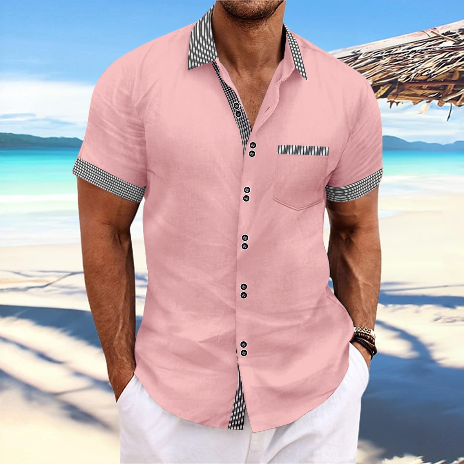 7a5d33c6-c9d5-4acc-849a-3e2aa3d69859.jpg Striped Double Button Short Sleeve Casual Shirt - Image 3