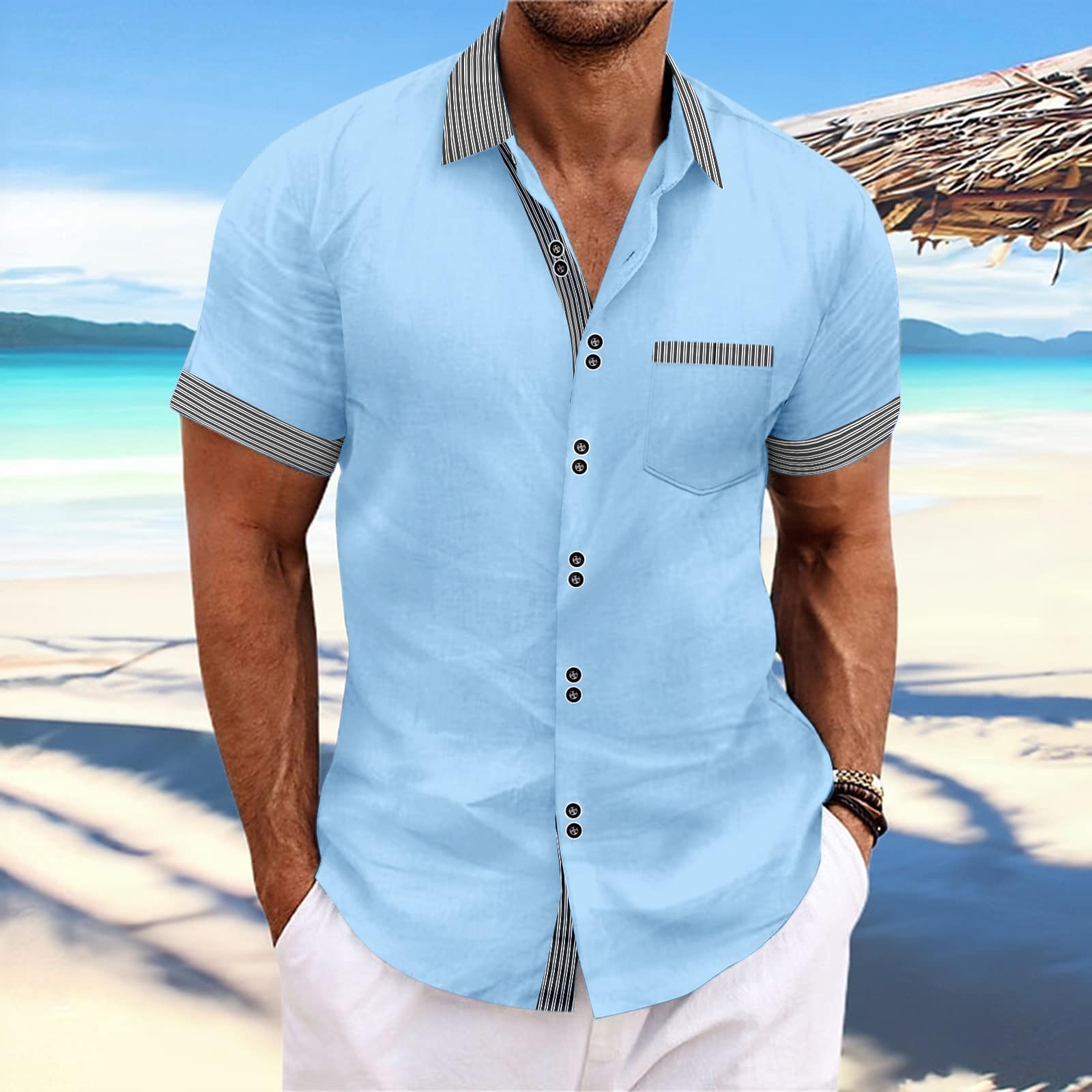 864f08f3-9160-4977-bc54-cb8c21a3c872.jpg Striped Double Button Short Sleeve Casual Shirt - Image 2