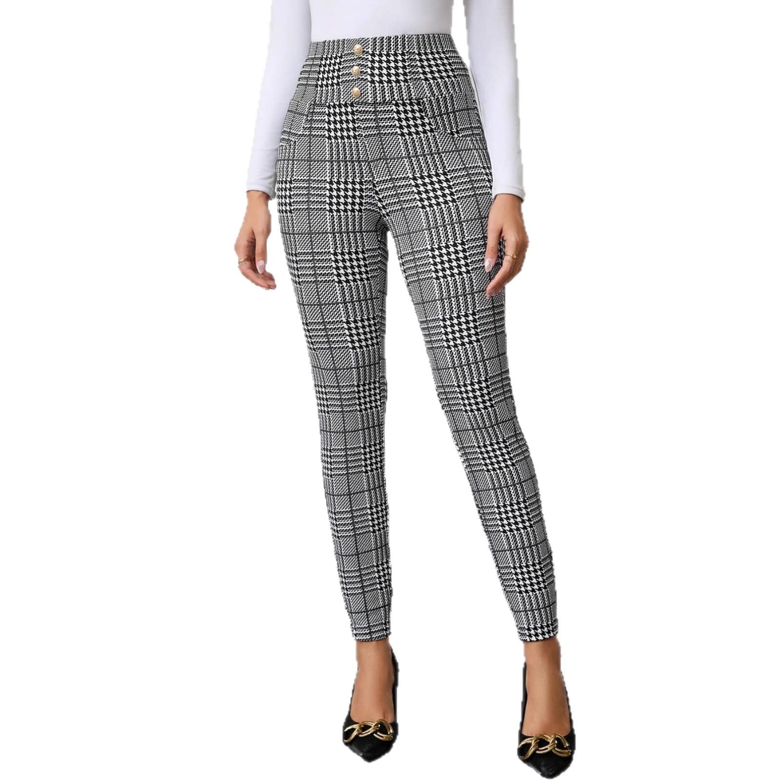 e28317c4-531a-4617-a174-2e6a84576178.jpg Women's Check Print Button Embellished High-waist Slim-fit Knit Pants - Image 3