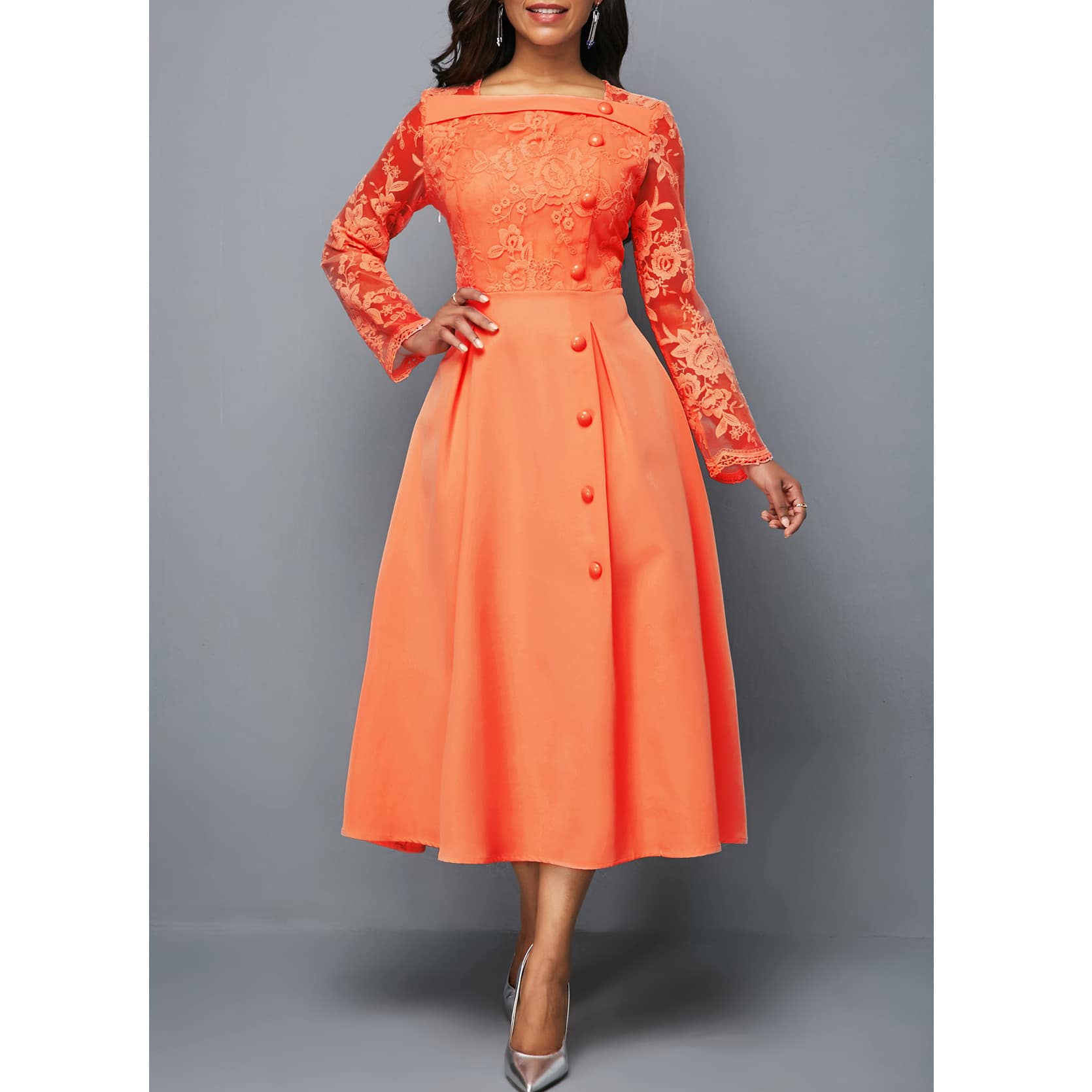 1bf9cfd7-a24c-4f34-af04-9e3f535d3ec1.jpg Fashionable Round Neck Lace Dress High Waist Printed Mid-length Dress. - Image 9
