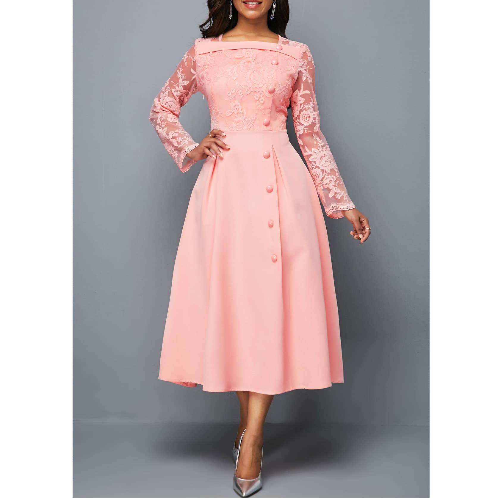 f6b7f40c-946b-41f9-8c30-2c69409594d7.jpg Fashionable Round Neck Lace Dress High Waist Printed Mid-length Dress. - Image 10