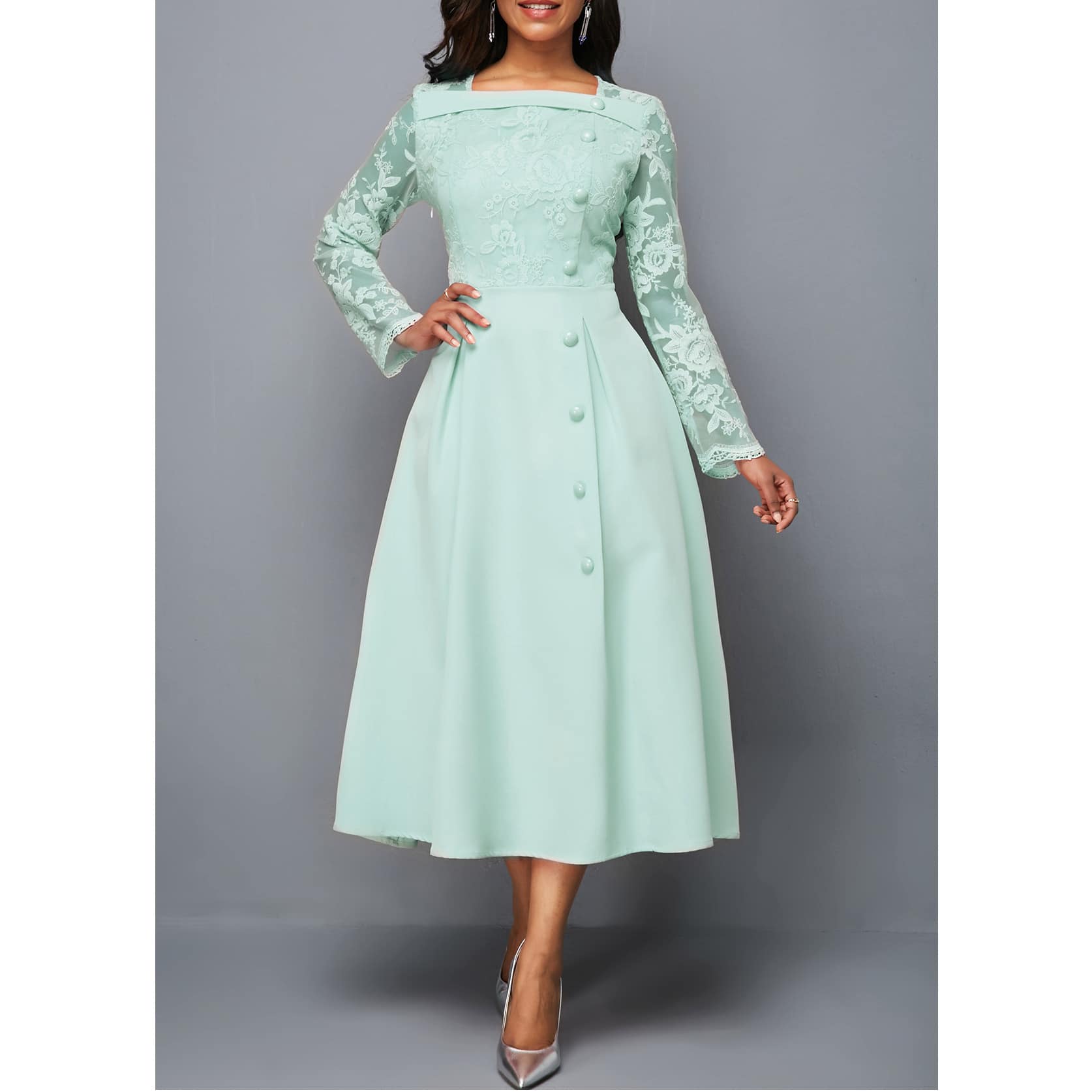 f9b37a6e-6b36-463d-a4a2-35635dd53a72.jpg Fashionable Round Neck Lace Dress High Waist Printed Mid-length Dress. - Image 6