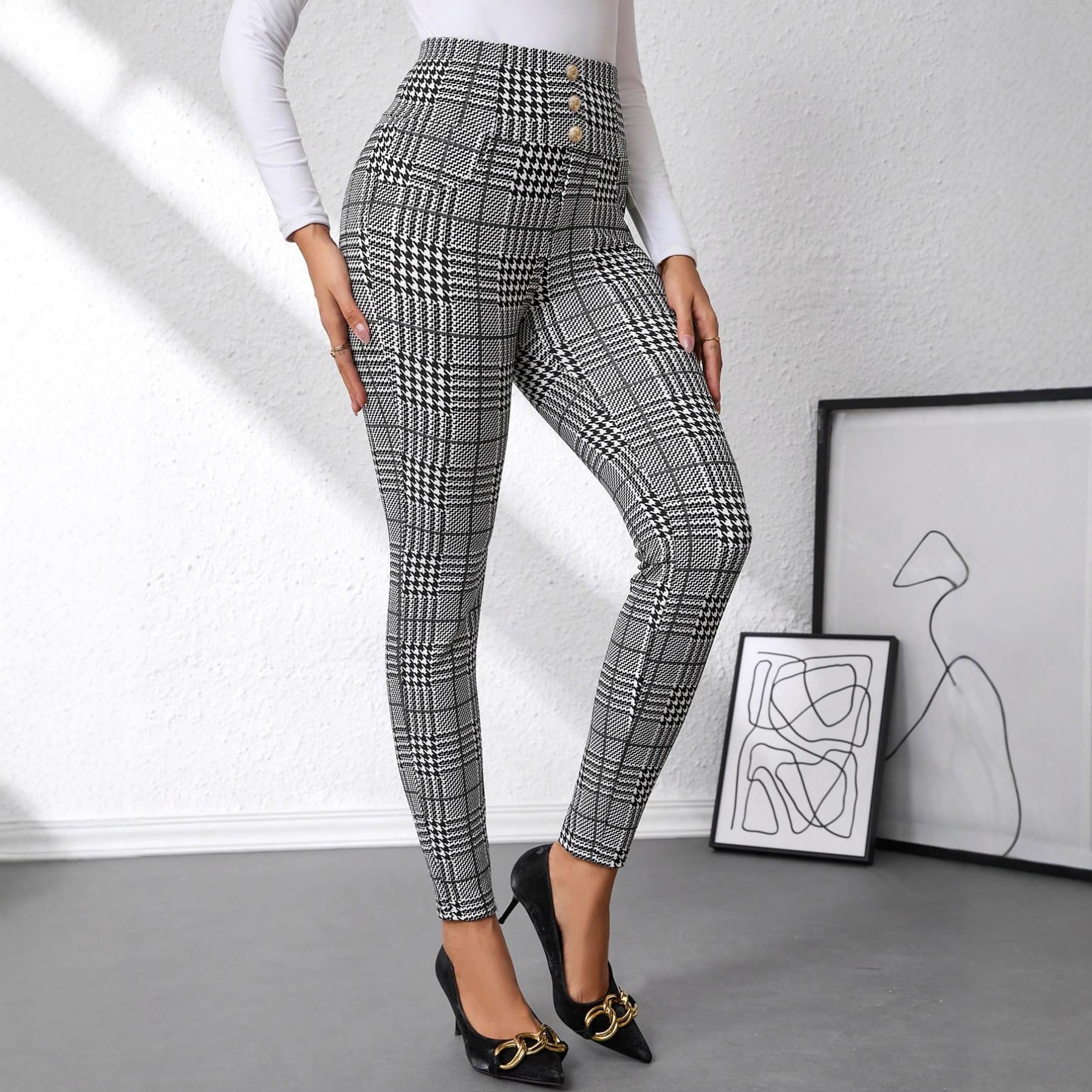 330fd8ed-7746-4cc7-8fd8-f78aabe2cb95.jpg Women's Check Print Button Embellished High-waist Slim-fit Knit Pants - Image 2