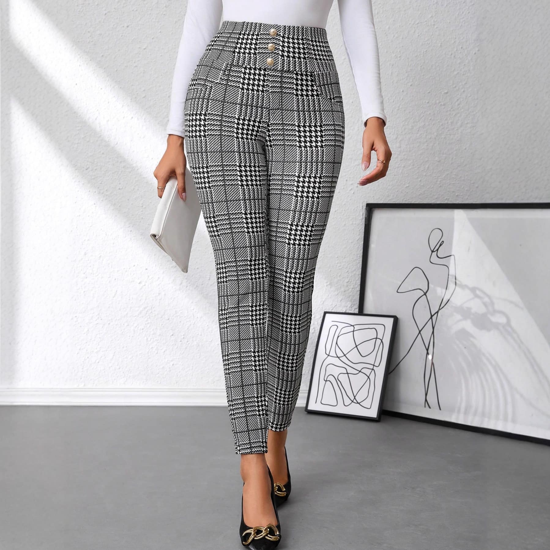89c9f497-7820-45b7-8184-1a6c361acfc8.jpg Women's Check Print Button Embellished High-waist Slim-fit Knit Pants - Image 4