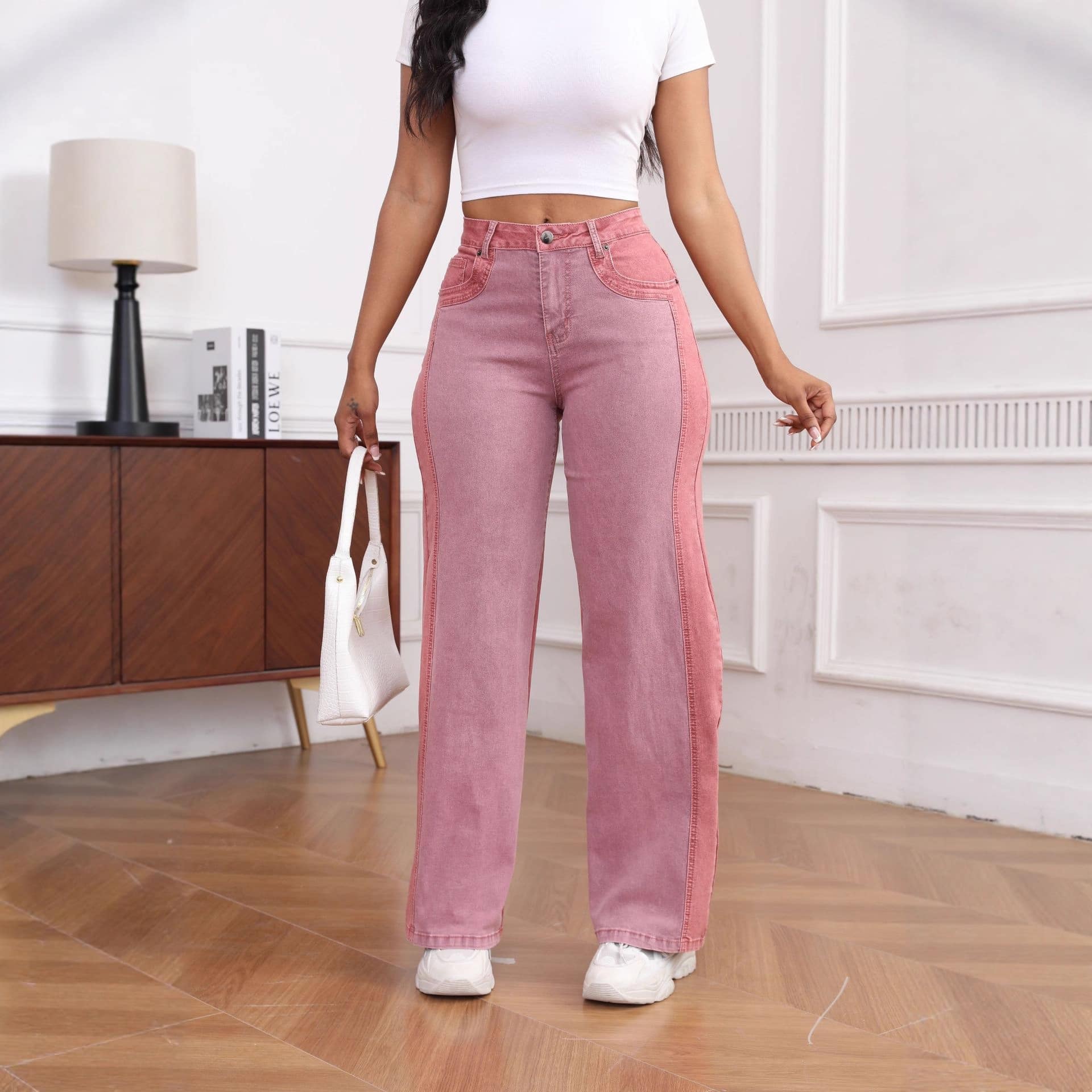 Womens Slim-Fit Wide-Leg Stretch Denim Pants With Panel Design