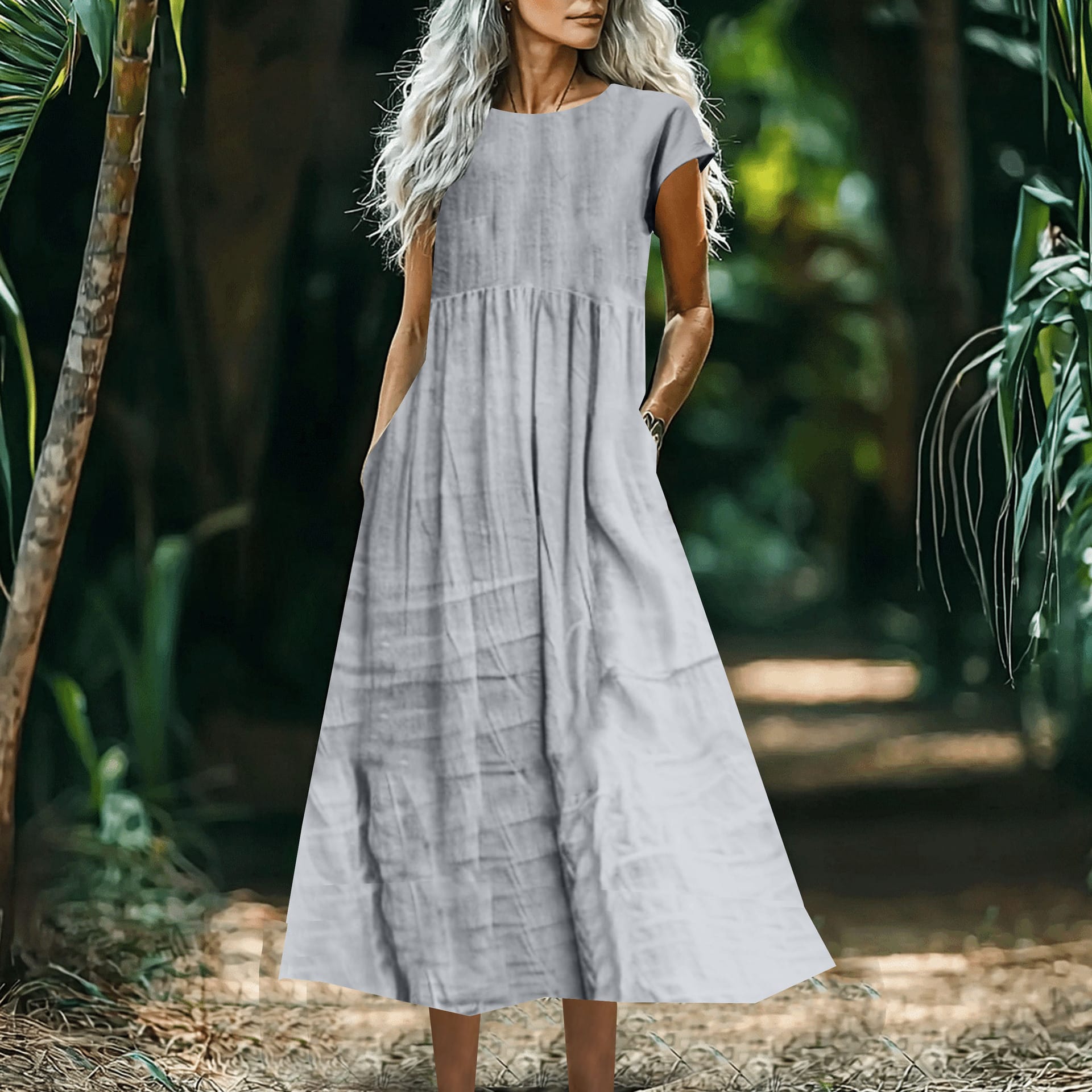 Solid-Color Loose-Fitting Cotton-Linen Dress With Pockets