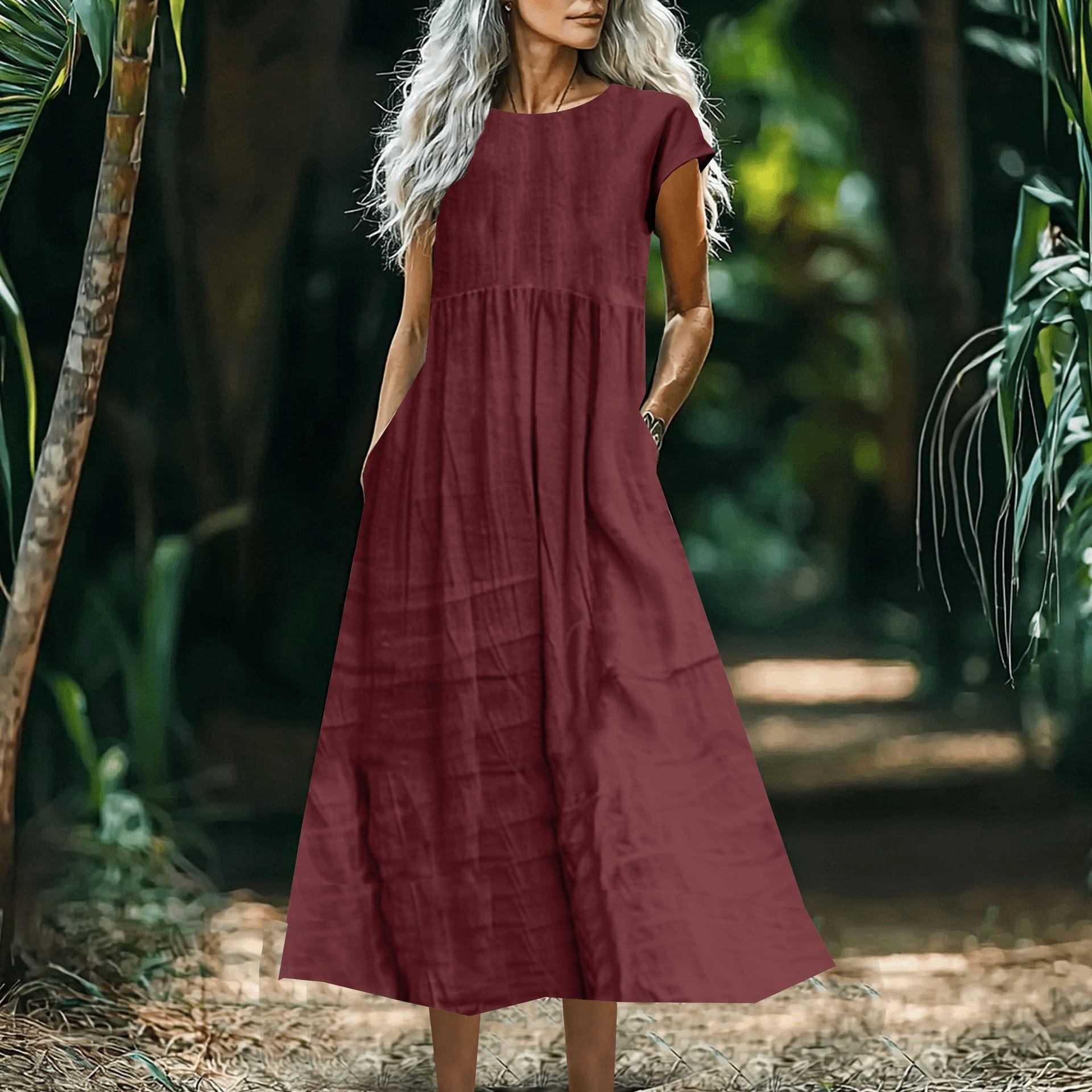 3cac0eb7-1a0b-40fd-85a9-78ceeaf6489a.jpg Solid-Color Loose-Fitting Cotton-Linen Dress With Pockets - Image 8