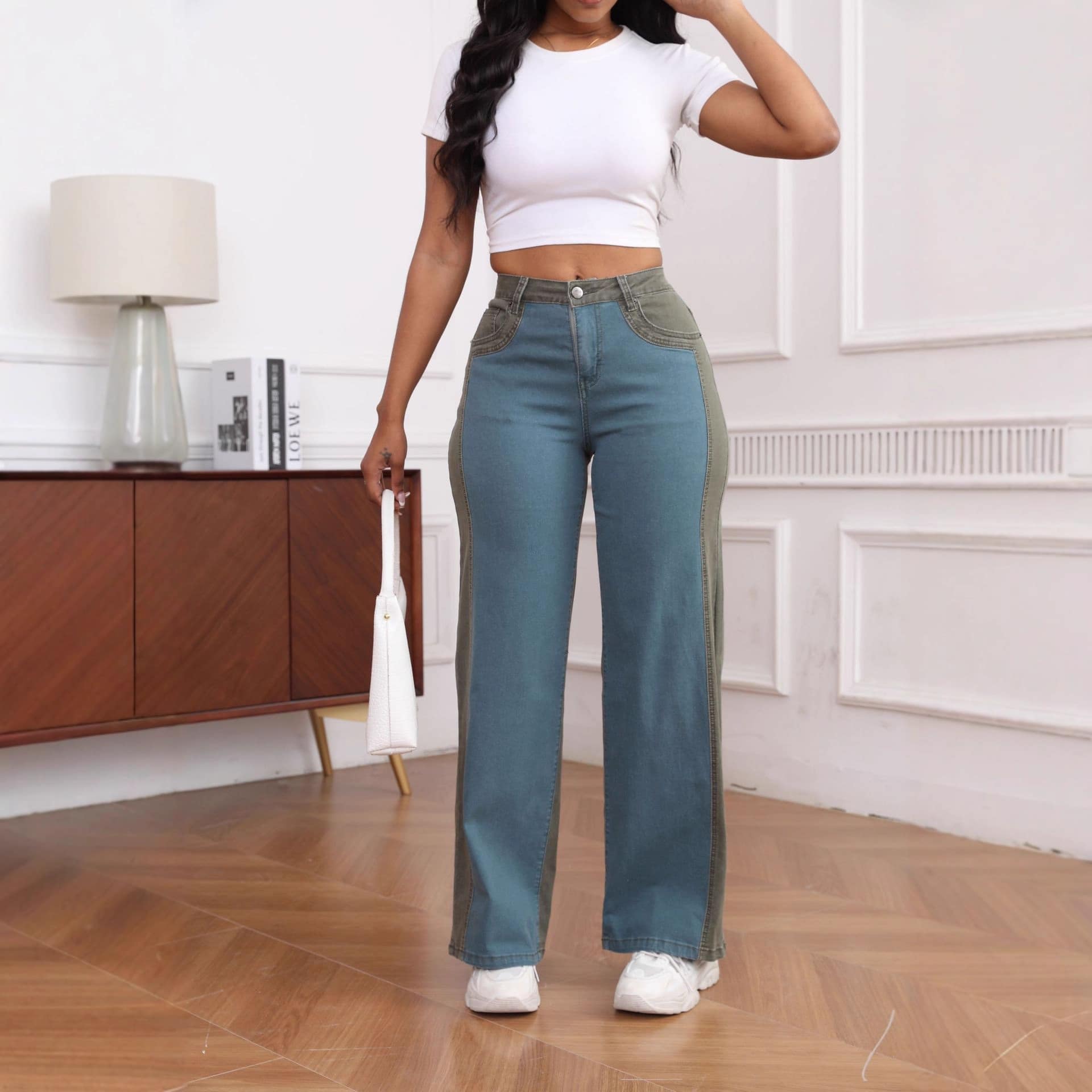 5297ec14-4ac3-41f7-9993-aa48cf26bec4.jpg Womens Slim-Fit Wide-Leg Stretch Denim Pants With Panel Design - Image 3