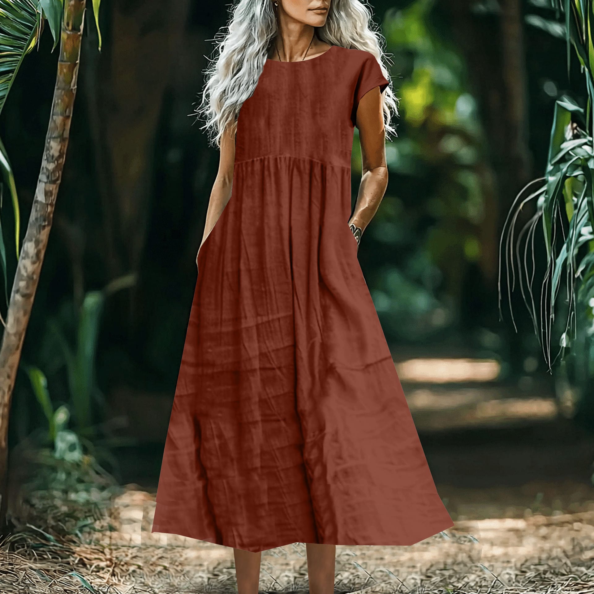 5c22dda6-1dd4-4397-8c4e-f4c7f785cb98.jpg Solid-Color Loose-Fitting Cotton-Linen Dress With Pockets - Image 5