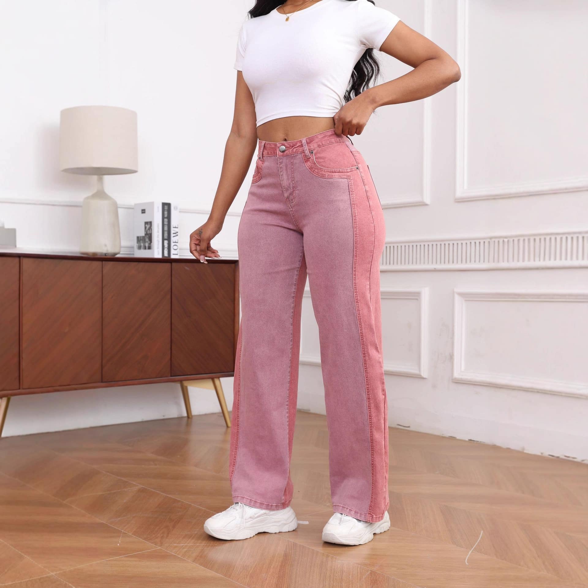 8e54f402-91af-4f06-8926-5b159f7e24bd.jpg Womens Slim-Fit Wide-Leg Stretch Denim Pants With Panel Design - Image 5