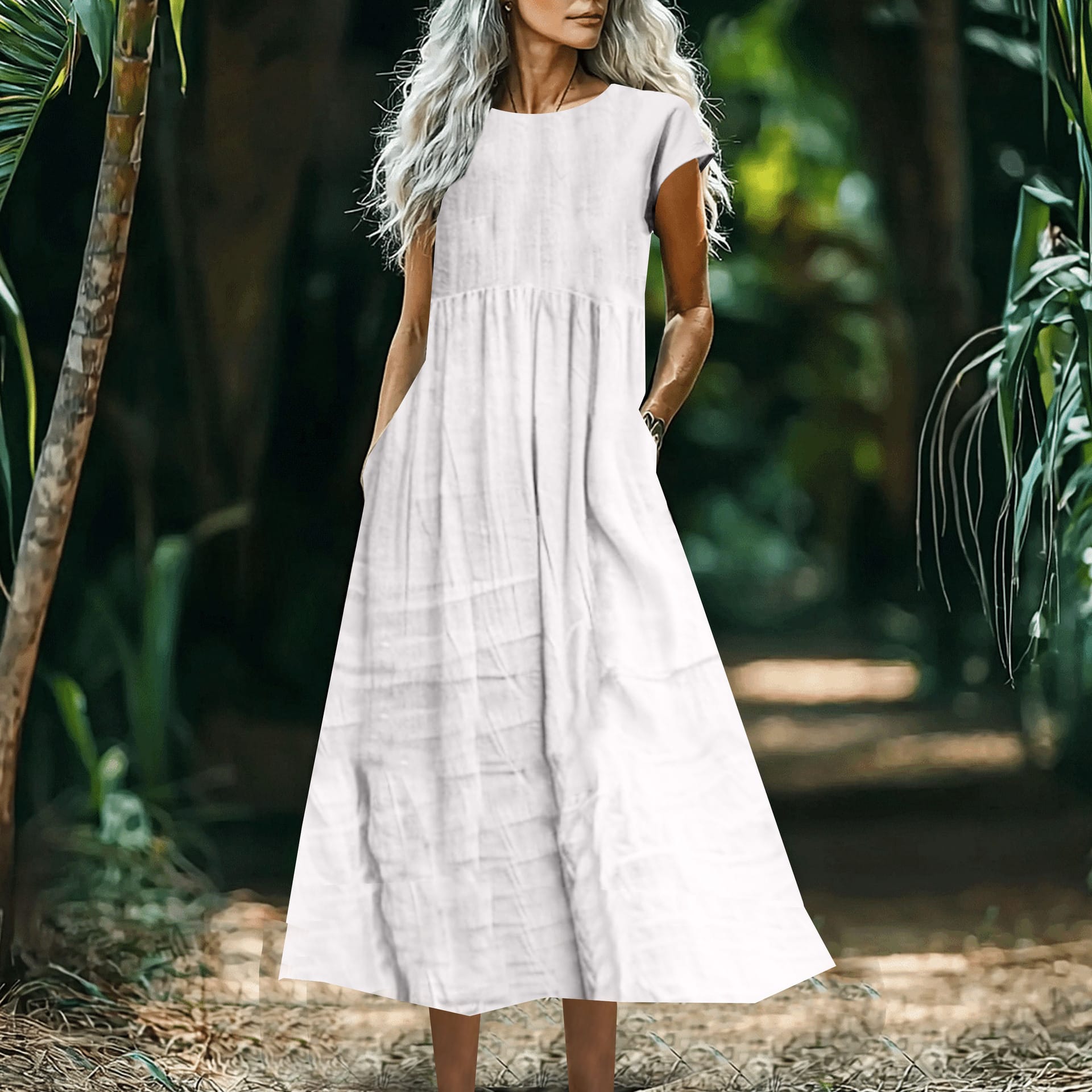 e4883d50-f41c-4f1a-bec4-5180195c7360.jpg Solid-Color Loose-Fitting Cotton-Linen Dress With Pockets - Image 6