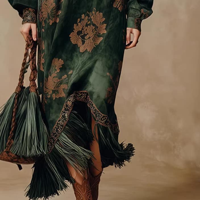 fc67ce96-40ef-4c8d-8987-e31c53831461.jpg Retro Silhouette-printed Green Faux-suede Fringed Maxi Dress - Image 4