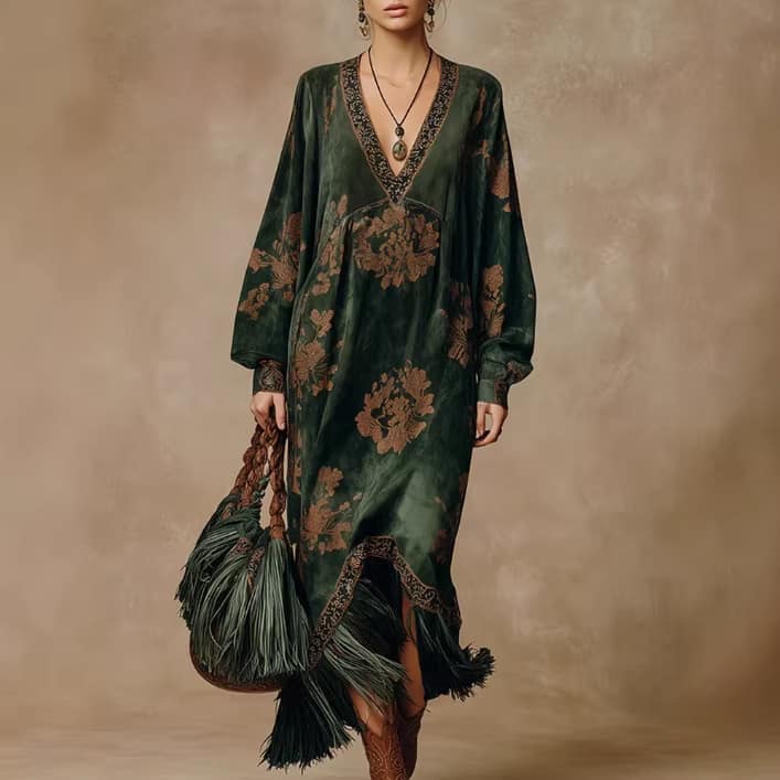 04dae648-a73c-4253-92ec-7956994bae7b.jpg Retro Silhouette-printed Green Faux-suede Fringed Maxi Dress