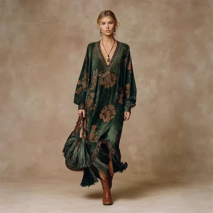 f70eaea6-06da-4324-80a1-0c2ffd8bf16f.jpg Retro Silhouette-printed Green Faux-suede Fringed Maxi Dress - Image 2