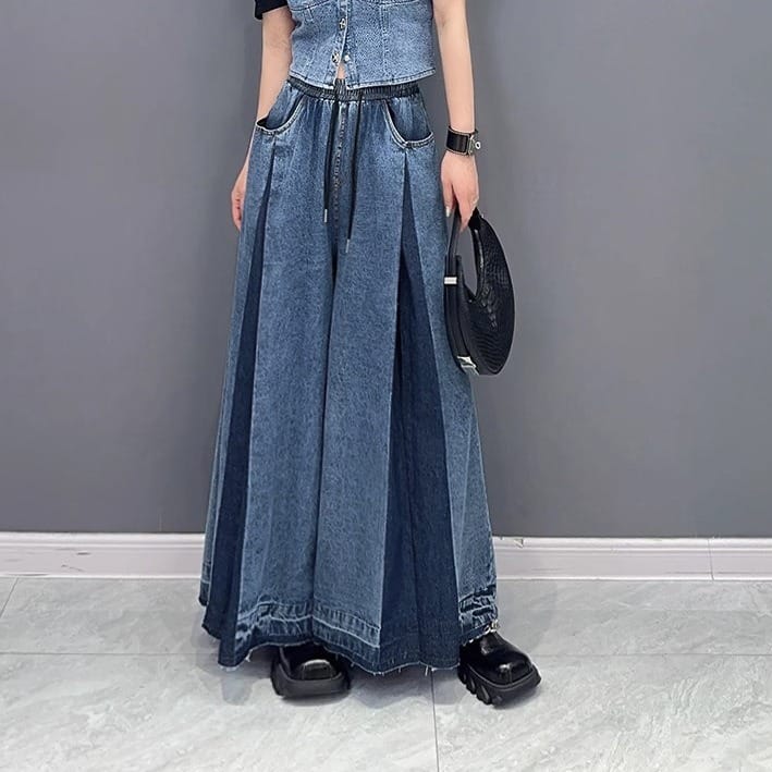Women's American Street Pleated Wash Contrast Color Jeans
