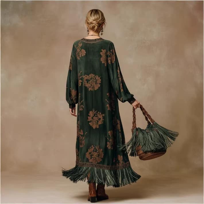 0fb6d019-430a-473e-a535-0eba2af85d79.jpg Retro Silhouette-printed Green Faux-suede Fringed Maxi Dress - Image 3