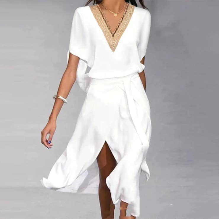 Fashionable (V) Neck Lace Mid-length Dress.
