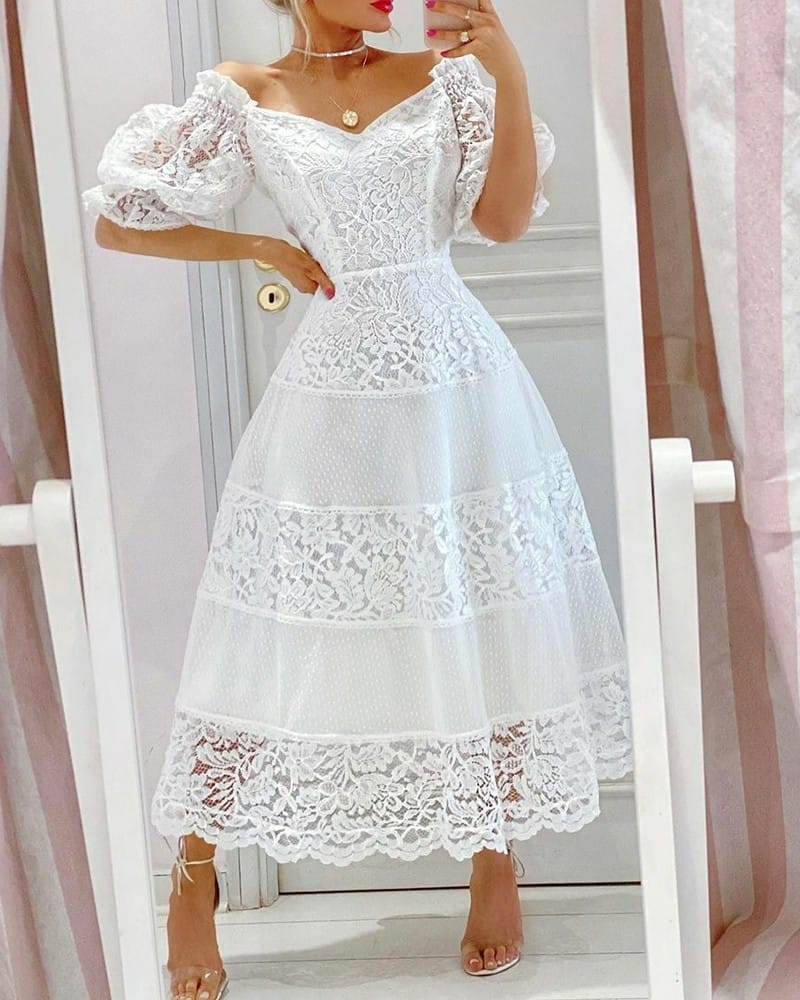 Lace Stitching Large Hem Long Skirt Puff Sleeve Temperament Dress