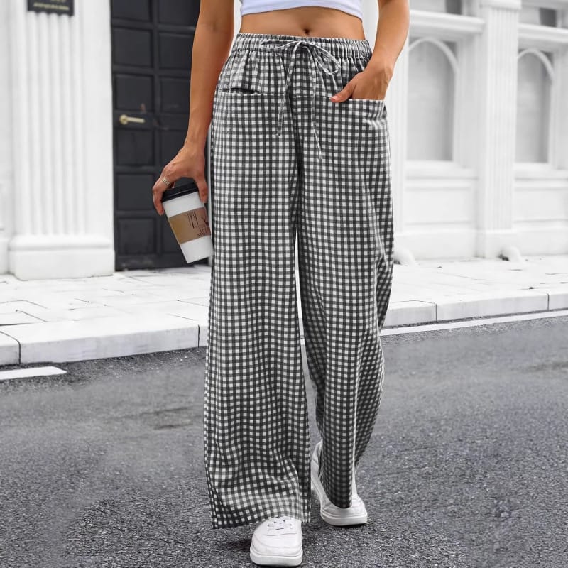 High-waisted Wide-leg Plaid Drawstring Pants