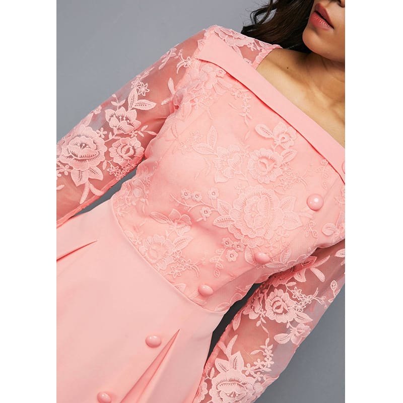 0bf837ee-e921-4a61-a1a2-58f6b6a8bdaa.jpg Fashionable Round Neck Lace Dress High Waist Printed Mid-length Dress. - Image 4