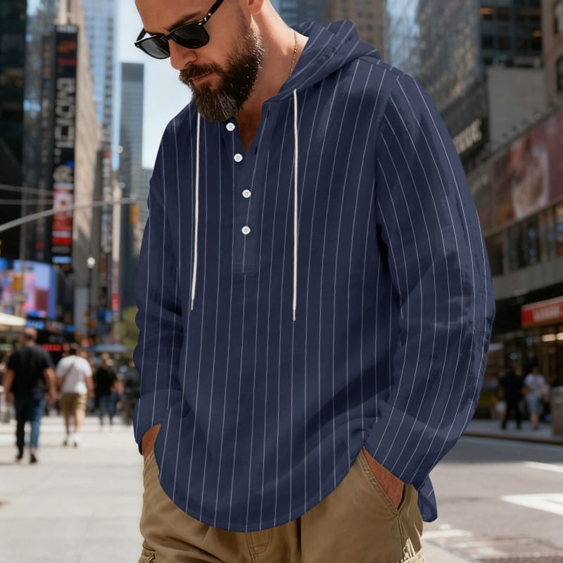 4a21d340-d70e-46e7-a74e-71d9b09b6870.jpg Mens Loose-Fit Plus-Size Casual Linen Striped Hooded Shirt - Image 5