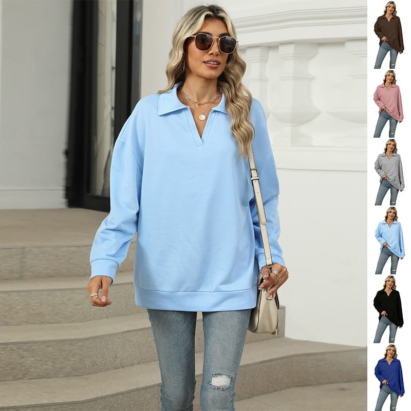 New Lapel V-neck Sweatshirt Loose Solid Color Long-sleeved Pullover
