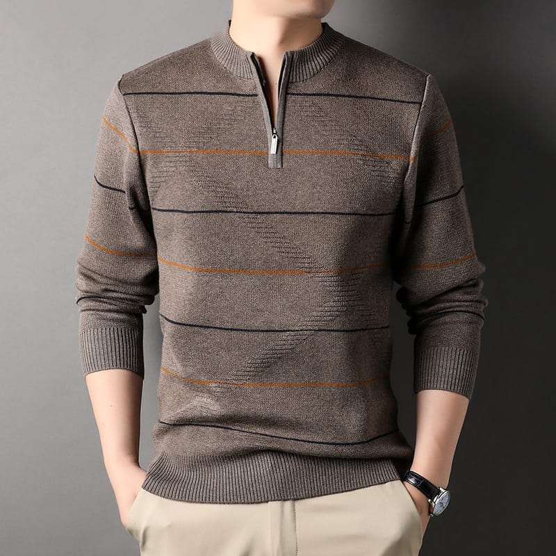 Zippered Mock-neck Knit Sweater With Striped Long Sleeves