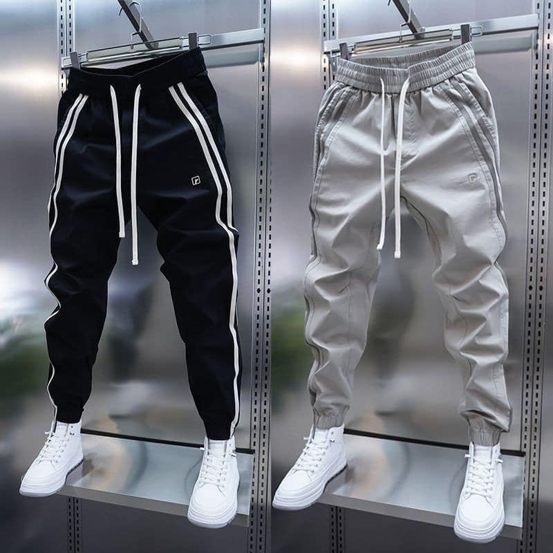 Mens Solid-Color Striped Loose Casual Pants