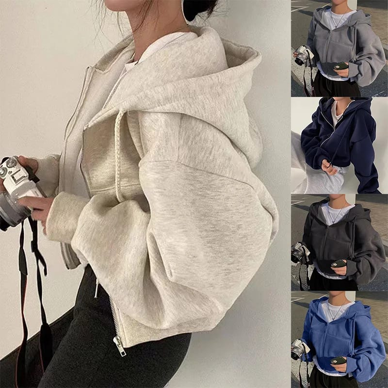 ined Versatile Cropped Slims Smooths Silhouette Zip-up Warm Hooded Sweatshirt.