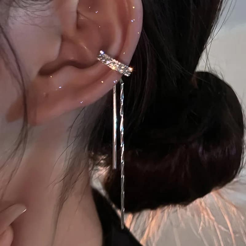 kf-S535e90b7a54340f48ed08b1196533109x Silver Color Crystal Tassel Non-Piercing Cuff Ear Clip Earring. - Image 6