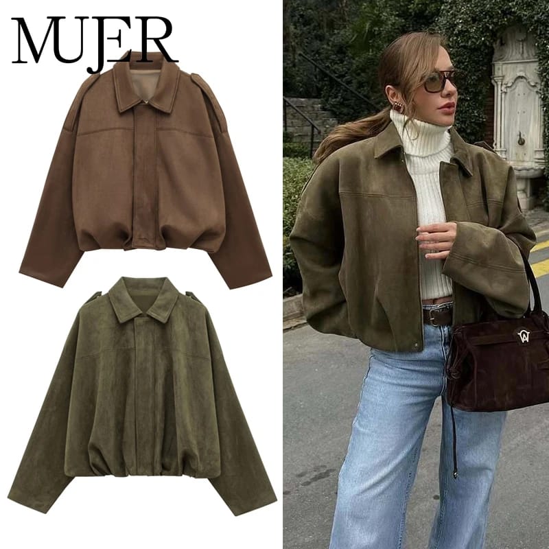 MUJER 2025 Suede Bomber Jackets for Women Outerwear Oversized.