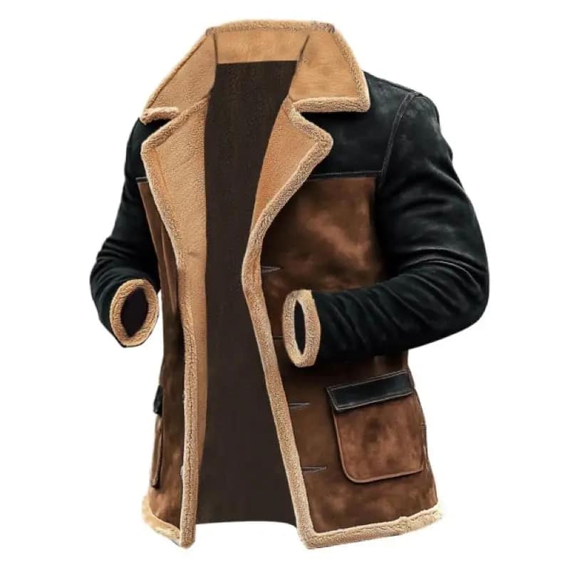 Vintage Suede Coat, Color Block Shearling Fleece Jacket with Fur Reverse Collar.