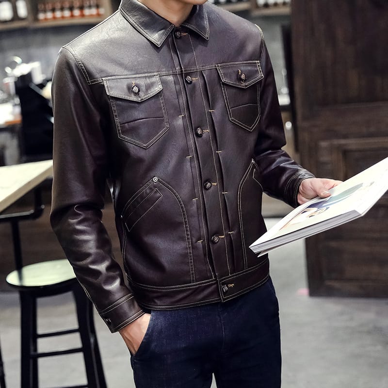 Men's Lapel Youth Autumn And Winter Leather Jacket
