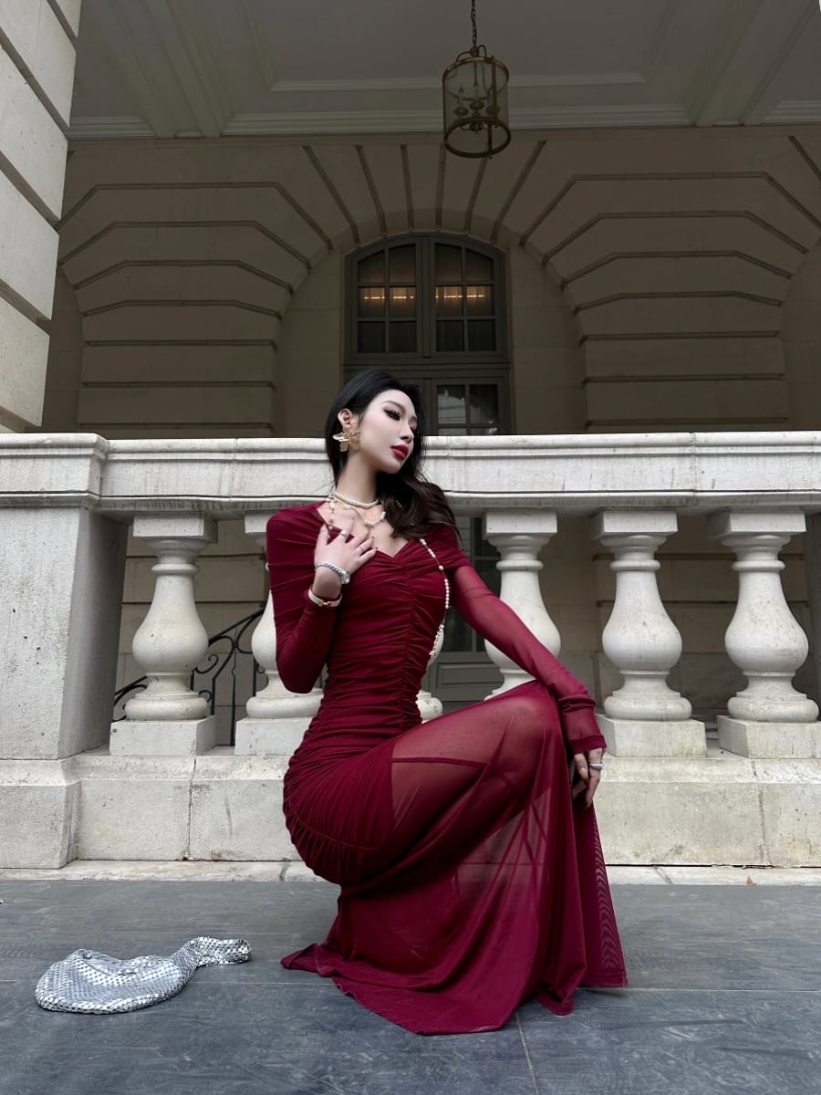 f79baeb3-ab0d-46d0-9d6f-7b1d523f8833.jpg Wine Red Off-shoulder V-neck Dress Party Dress - Image 9